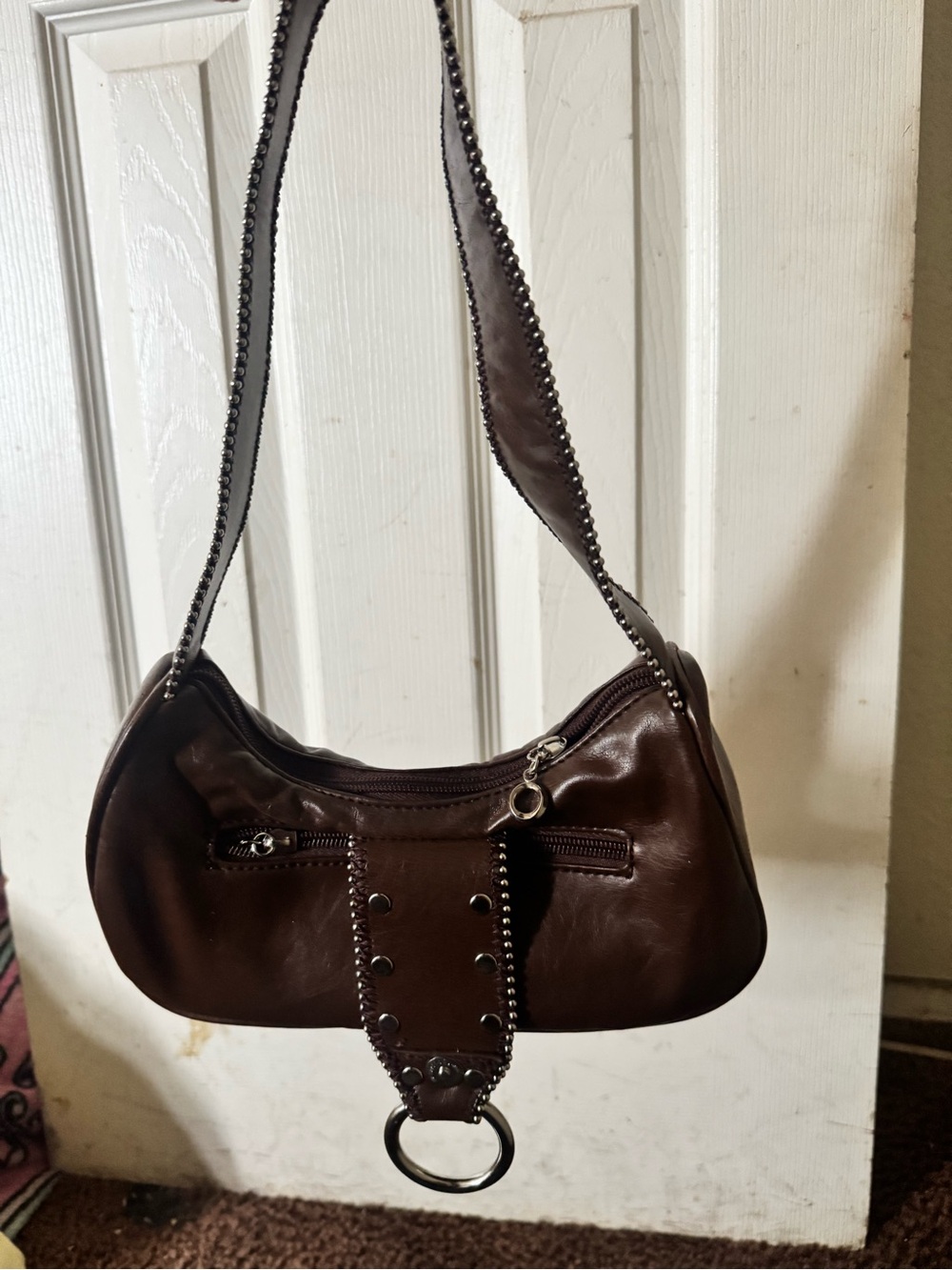 Brown Studded Leather Shoulder Bag with Ring Detail - Picture 3 of 3